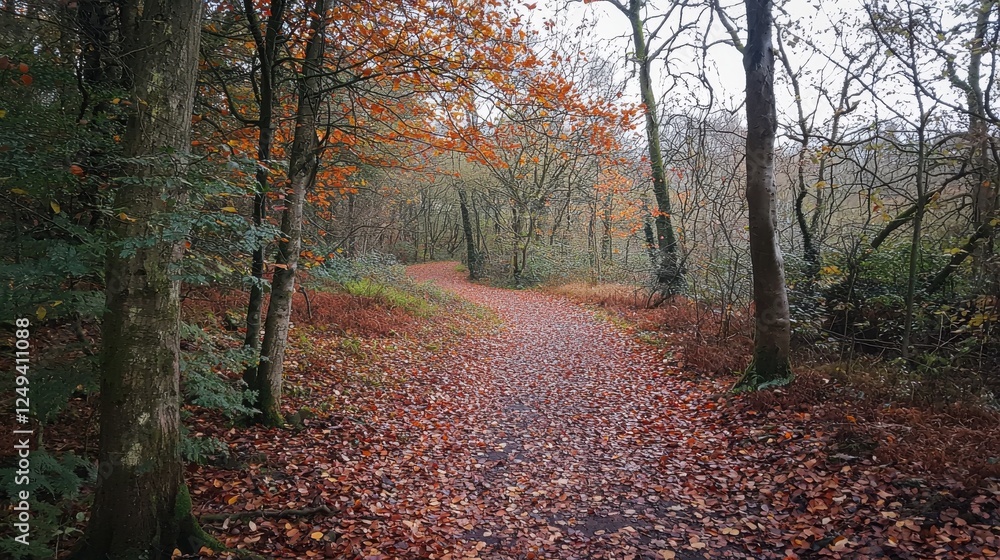 Pathway through a lush green forest surrounded by abundant foliage and leaves on the ground Pathway through a lush green forest surrounded by abundant foliage and leaves on the ground