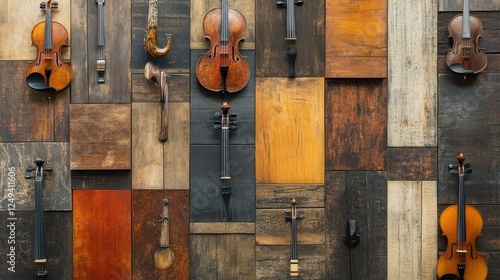 Various musical instruments hanging on a wooden block wall photo