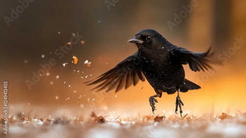 Wallpaper Mural A stunning black bird takes flight in a snowy landscape, capturing the essence of nature and agility against a beautiful blurred, warm background filled with golden hues. Torontodigital.ca