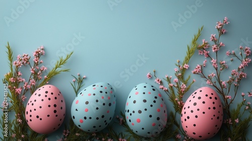 Colorful decorated eggs surrounded by flowers on a pastel blue background for...
