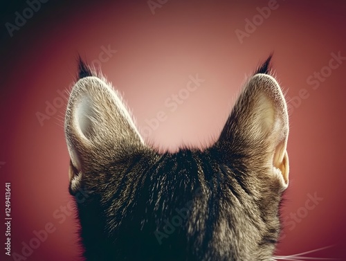 Lynx from Behind:  A close-up, rear view of a lynx's head and ears, showcasing its thick fur and prominent ear tufts against a deep red background. photo