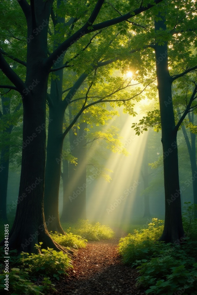 Naklejka premium Muted light filters through beech tree canopy, wood, light, forest