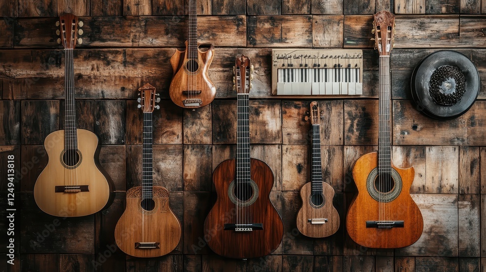 Naklejka premium Various musical instruments adorn a rustic wooden wall beautifully