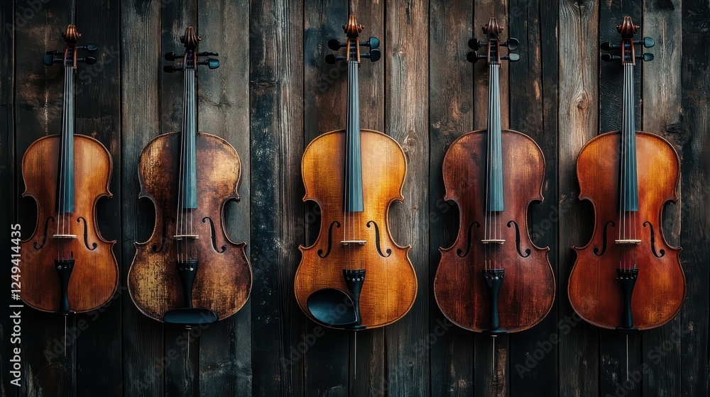 Naklejka premium Five violins displayed against a rustic dark wood background