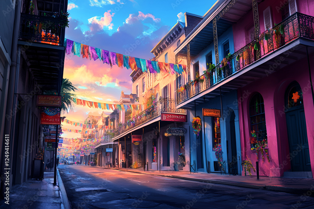 Fototapeta premium Vibrant street with colorful flags at sunset, Mardi Gras