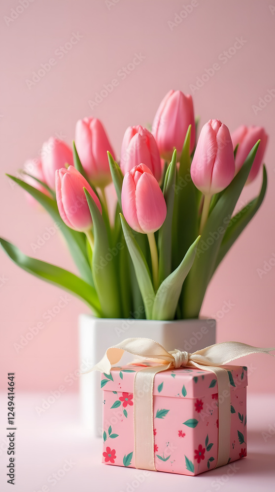 Fototapeta premium Beautiful Pink Tulips in a Charming Gift Box for a Heartwarming Mother's Day Celebration