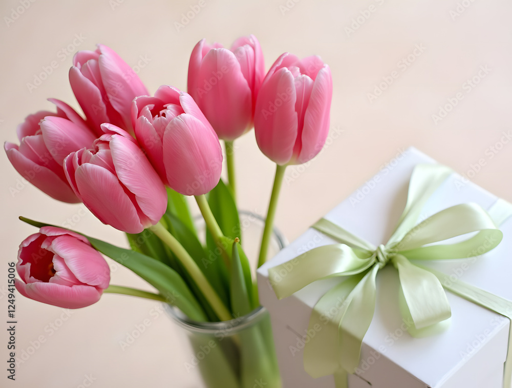 Obraz premium Beautiful Pink Tulips in a Charming Gift Box for a Heartwarming Mother's Day Celebration