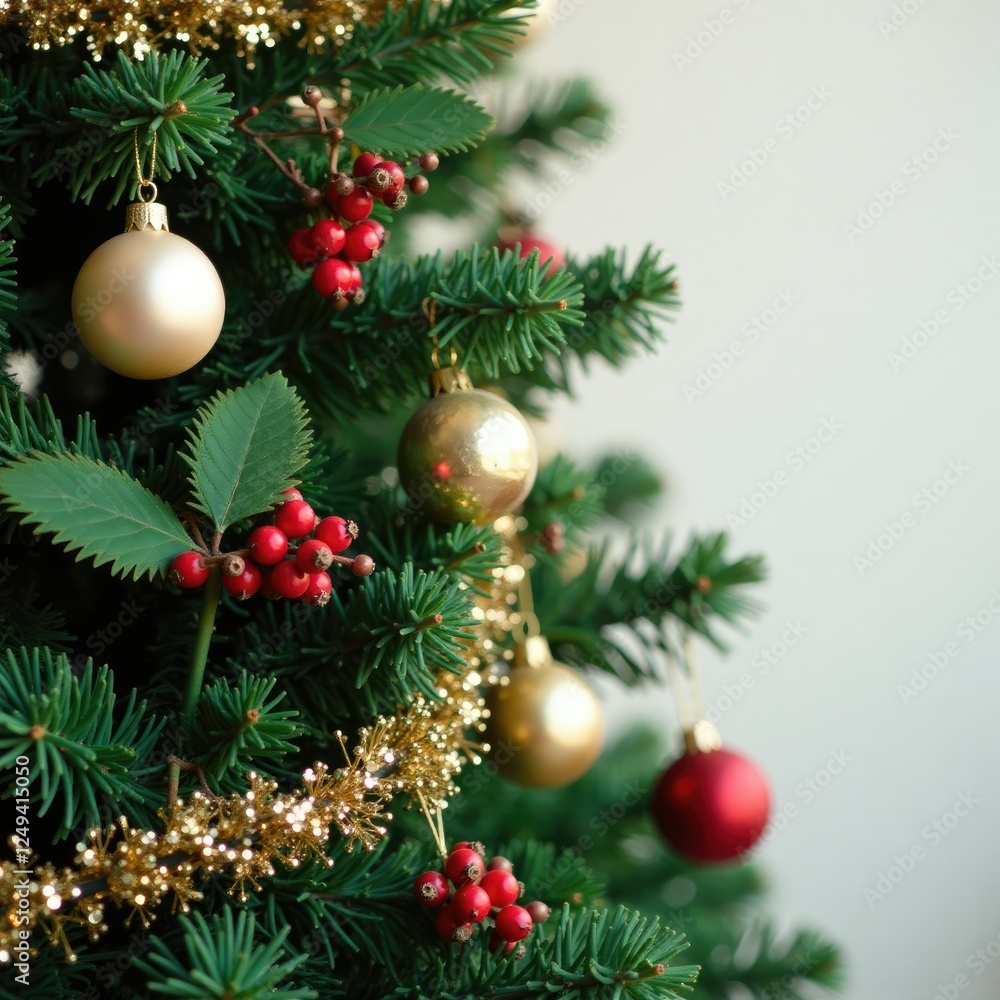 Ornate Christmas tree branch with sparkling garlands and berries, mistletoe, holly Ornate Christmas tree branch with sparkling garlands and berries, mistletoe, holly