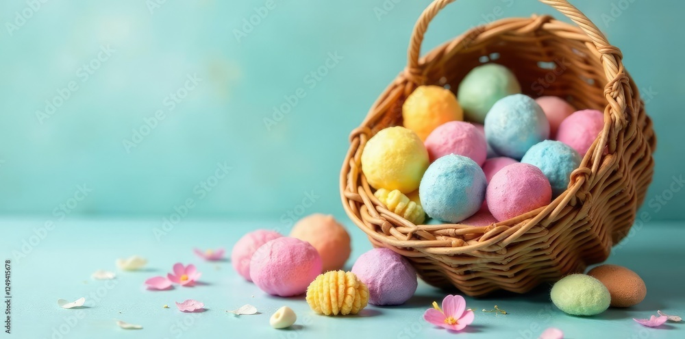 Pastel rainbow hues scattered around a wicker basket, colorful textiles, spring decor Pastel rainbow hues scattered around a wicker basket, colorful textiles, spring decor