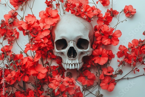 Skull surrounded by bright red flowers creates a striking contrast in artisti...
