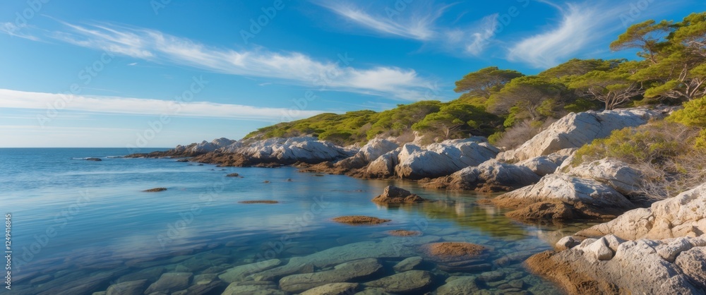Serene coastal view of a rocky shoreline with clear water and greenery on a sunny day Serene coastal view of a rocky shoreline with clear water and greenery on a sunny day