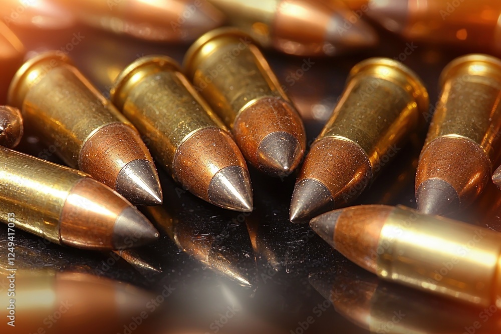 Close-up of shiny bullets arranged on a reflective surface with warm lighting Close-up of shiny bullets arranged on a reflective surface with warm lighting