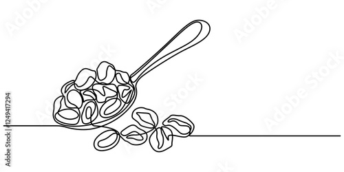 raisins with spoon continuous one line drawing, Sultanas on a metal scoop, Dried raisins in the wood spoon on a white background, raisin in wood spoon isolated on transparent. Top view outline pro.