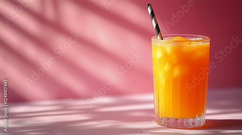 Refreshing orange drink served in a glass against a pink background with shadows