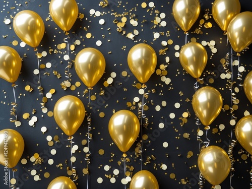 Gold balloons and confetti on black background for festive occasions.