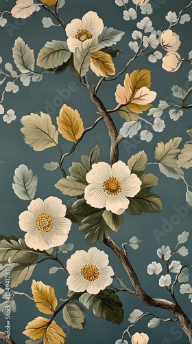 Beautiful floral pattern on fabric featuring white flowers and green leaves