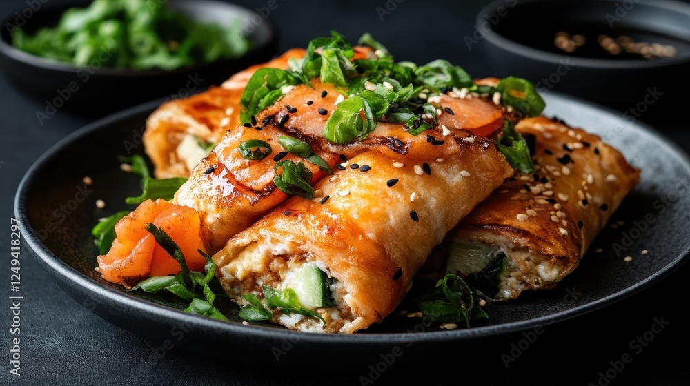 An artistic arrangement of savory rolls filled with fresh vegetables, drizzled with a flavorful sauce and garnished with sesame seeds for a stunning visual appeal and taste. An artistic arrangement of savory rolls filled with fresh vegetables, drizzled with a flavorful sauce and garnished with sesame seeds for a stunning visual appeal and taste.