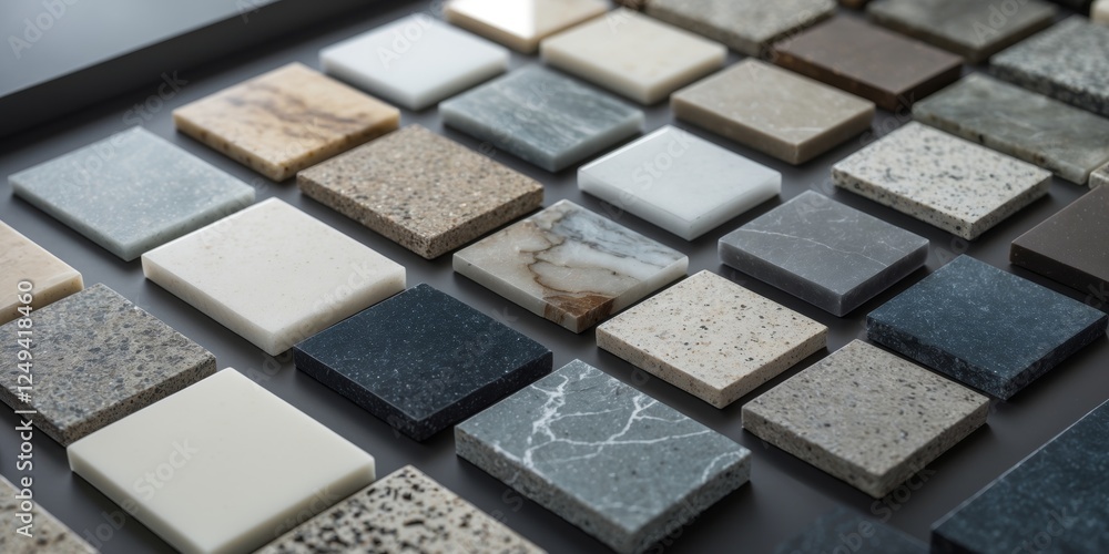 Fototapeta premium Close up samples of artificial stone for modern interior design in kitchens or bathrooms.