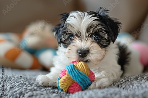 Adorable puppy playing with a colorful ball on a cozy rug indoors. photo