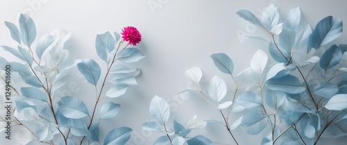 Winter leaves in light blue and white creating a stunning floral backdrop with a vibrant focal point. photo