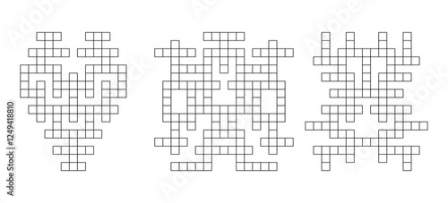 Vector symmetric crossword. Set of three word games. Line puzzle isolated on white background