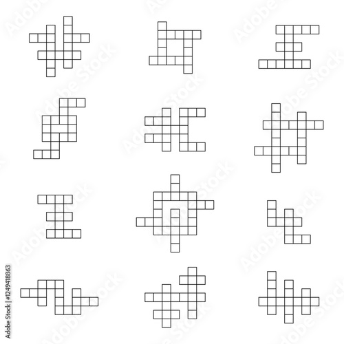 Crossword set. Collection of small word games. Line vector illustrations isolated on white background
