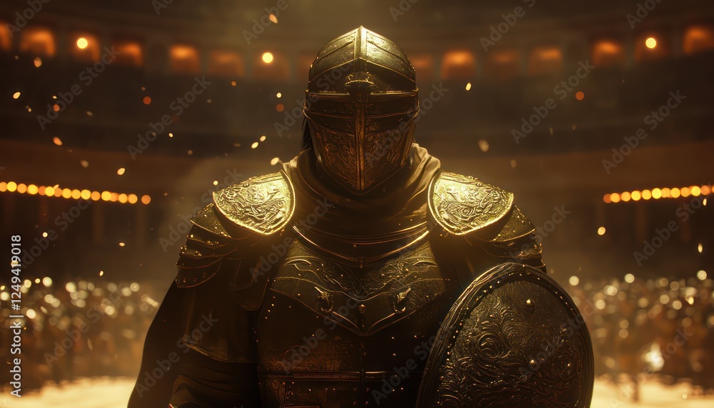 Armored knight stands guard in a stadium filled with spectators Armored knight stands guard in a stadium filled with spectators