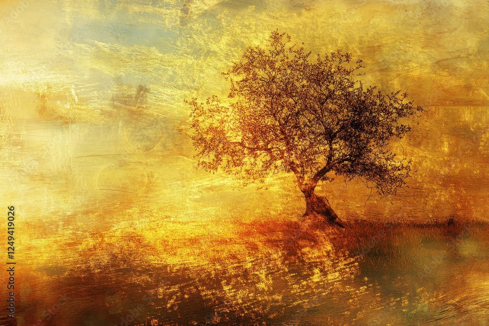 An abstract painting featuring a lone tree against a golden sky