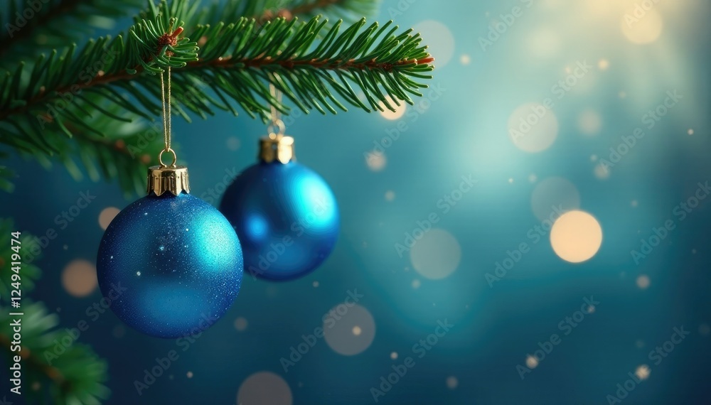 Obraz premium Twinkling blue Christmas ornaments suspended from a fragrant evergreen pine branch, pine, festive