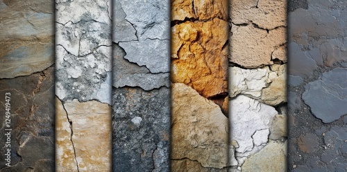 Multiple textured rock and stone panels with visible cracks displayed photo