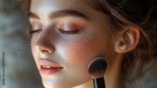 Woman holding a paint brush engaged in artistic creative process at home or studio photo