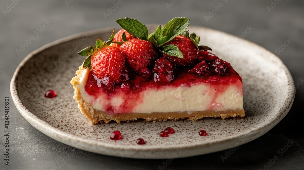 An alluring slice of strawberry cheesecake drizzled with berry sauce, beautifully garnished, showcasing its creamy texture and vibrant flavors in this delicious dessert image. An alluring slice of strawberry cheesecake drizzled with berry sauce, beautifully garnished, showcasing its creamy texture and vibrant flavors in this delicious dessert image.