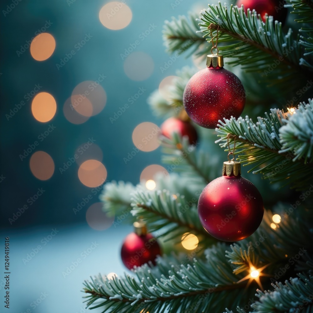 Obraz premium Twinkling lights dance among frosty glass ornaments on a slender green spruce, sparkling, twinkle, twinkling lights