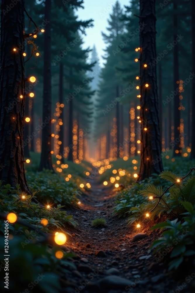 Obraz premium Twinkling lights woven through a dense forest, evergreen trees, nature, christmas lights