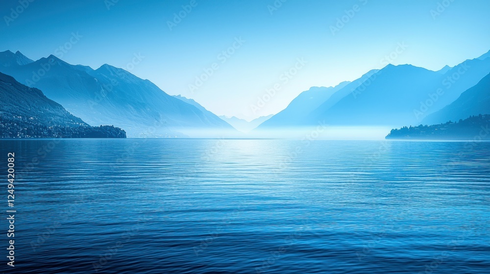 Serene lake vista, tranquil mountains, morning mist, calm water Serene lake vista, tranquil mountains, morning mist, calm water