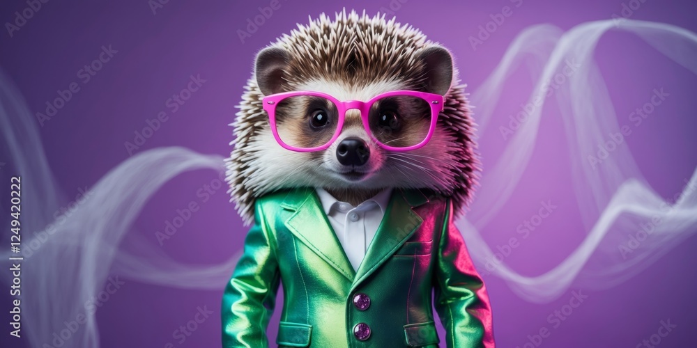 Adorable hedgehog wearing sunglasses and flashy suit on vibrant purple background. Adorable hedgehog wearing sunglasses and flashy suit on vibrant purple background.