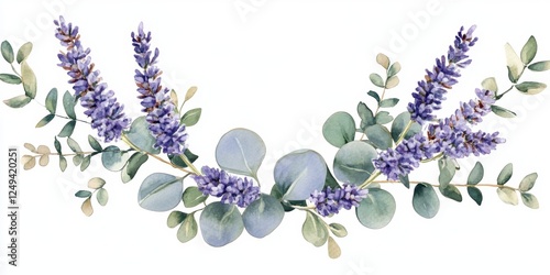 Watercolor lavender wreath with eucalyptus leaves, vector illustration, white background