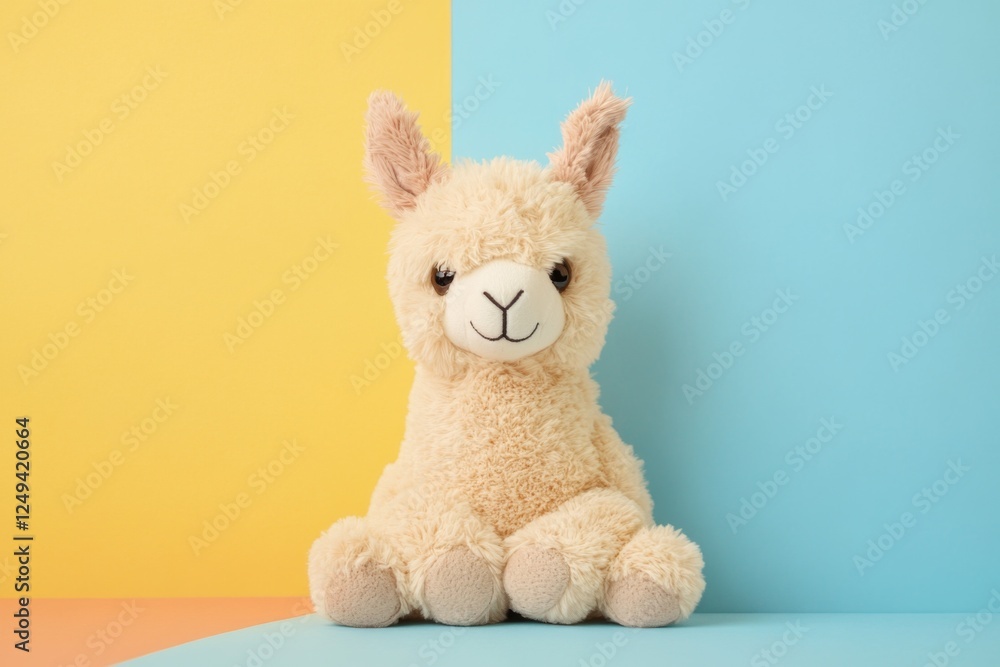 Obraz premium A cute llama toy sits against a yellow and blue backdrop, inviting smiles. Generative AI