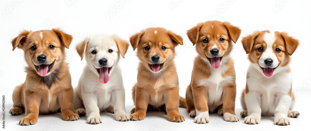 Puppy Extravaganza: A Joyful Gathering of Five Playful Puppies with Unique Breeds and Personalities Captured in Adorable Poses Puppy Extravaganza: A Joyful Gathering of Five Playful Puppies with Unique Breeds and Personalities Captured in Adorable Poses