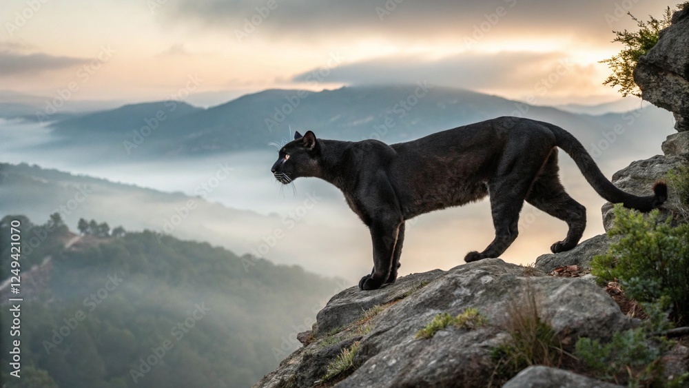 A stunning hyper realistic 16K resolution photograph of a Black Puma standing on a rocky cliff edge AI Generative A stunning hyper realistic 16K resolution photograph of a Black Puma standing on a rocky cliff edge AI Generative