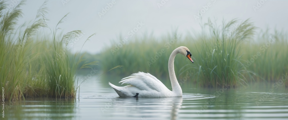 Fototapeta premium Swan Gracefully Swimming in a Tranquil Waterway Among Scenic Marsh Grasses.