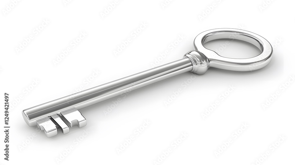 A shiny silver key placed on a clean white background, transparent isolate A shiny silver key placed on a clean white background, transparent isolate