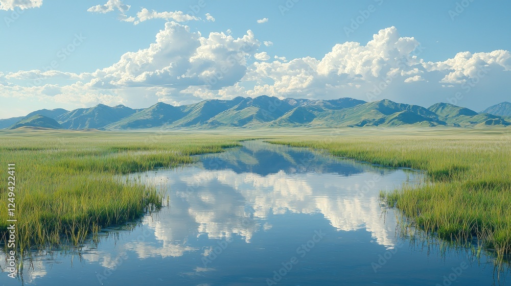 Fototapeta premium Serene Mountain Meadow Reflection