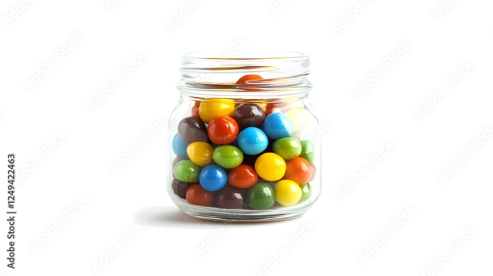 A small glass jar filled with colorful marbles, on a clean white background, transparent isolate A small glass jar filled with colorful marbles, on a clean white background, transparent isolate