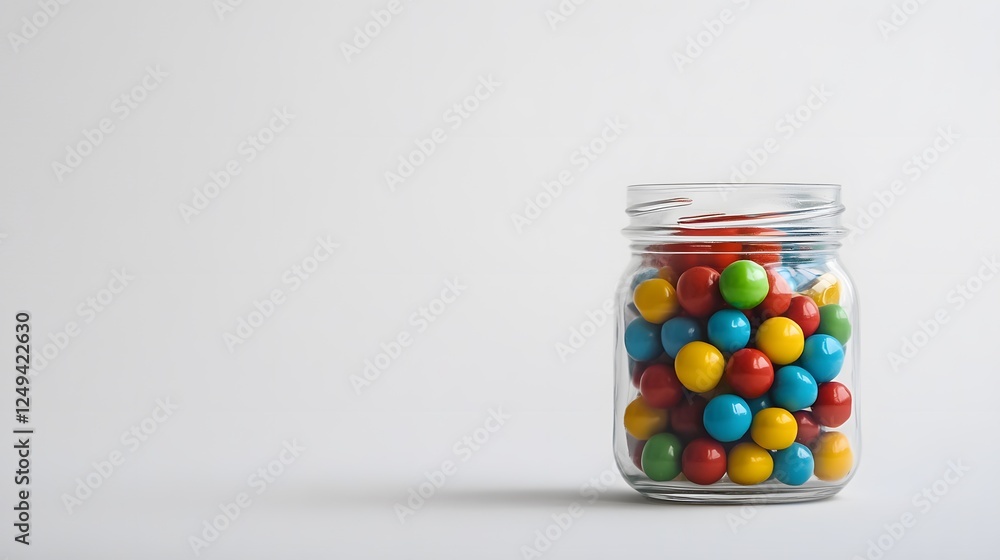 A small glass jar filled with colorful marbles, on a clean white background, transparent isolate A small glass jar filled with colorful marbles, on a clean white background, transparent isolate