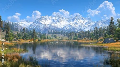 Serene mountain lake vista with snow-capped peaks photo