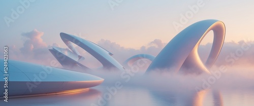 Futuristic landscape with unusual buildings and fantastic atmosphere. photo