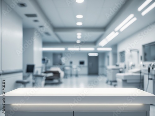 Empty blank white table top counter with blurred hospital clinic medical interior background for product display mockup.