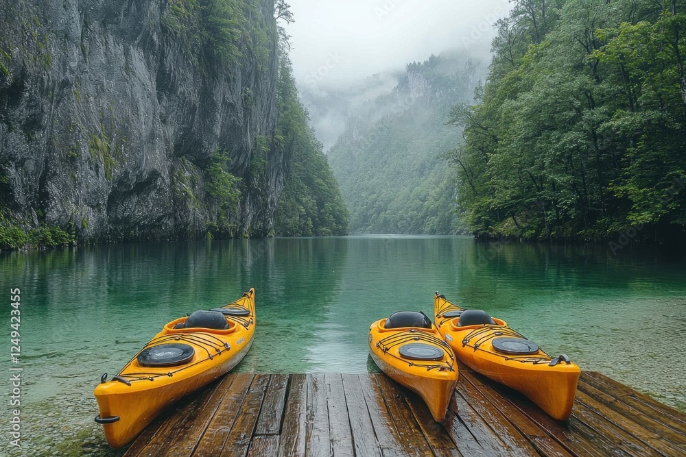 Yellow kayaks moored at a serene lake surrounded by lush green mountains Yellow kayaks moored at a serene lake surrounded by lush green mountains