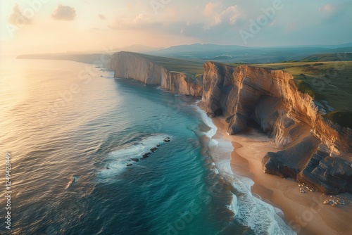 Breathtaking sunset over rugged cliffs and gentle waves crashing on sandy beach. photo